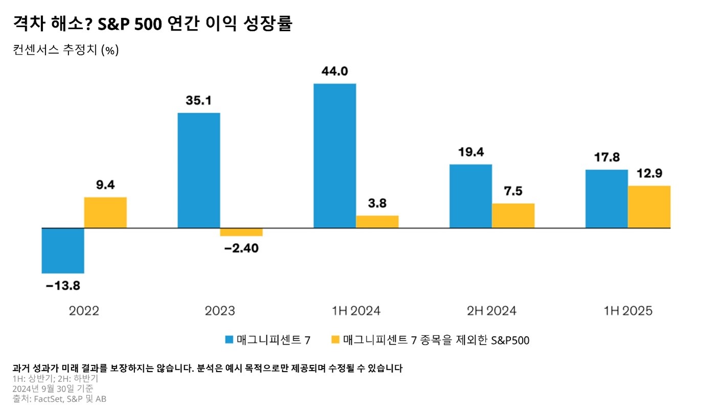 Bar chart with time periods from Q4 2023 to H1 2025 on the X-axis, earnings growth rates on Y-axis; compares S&P 500 groups.