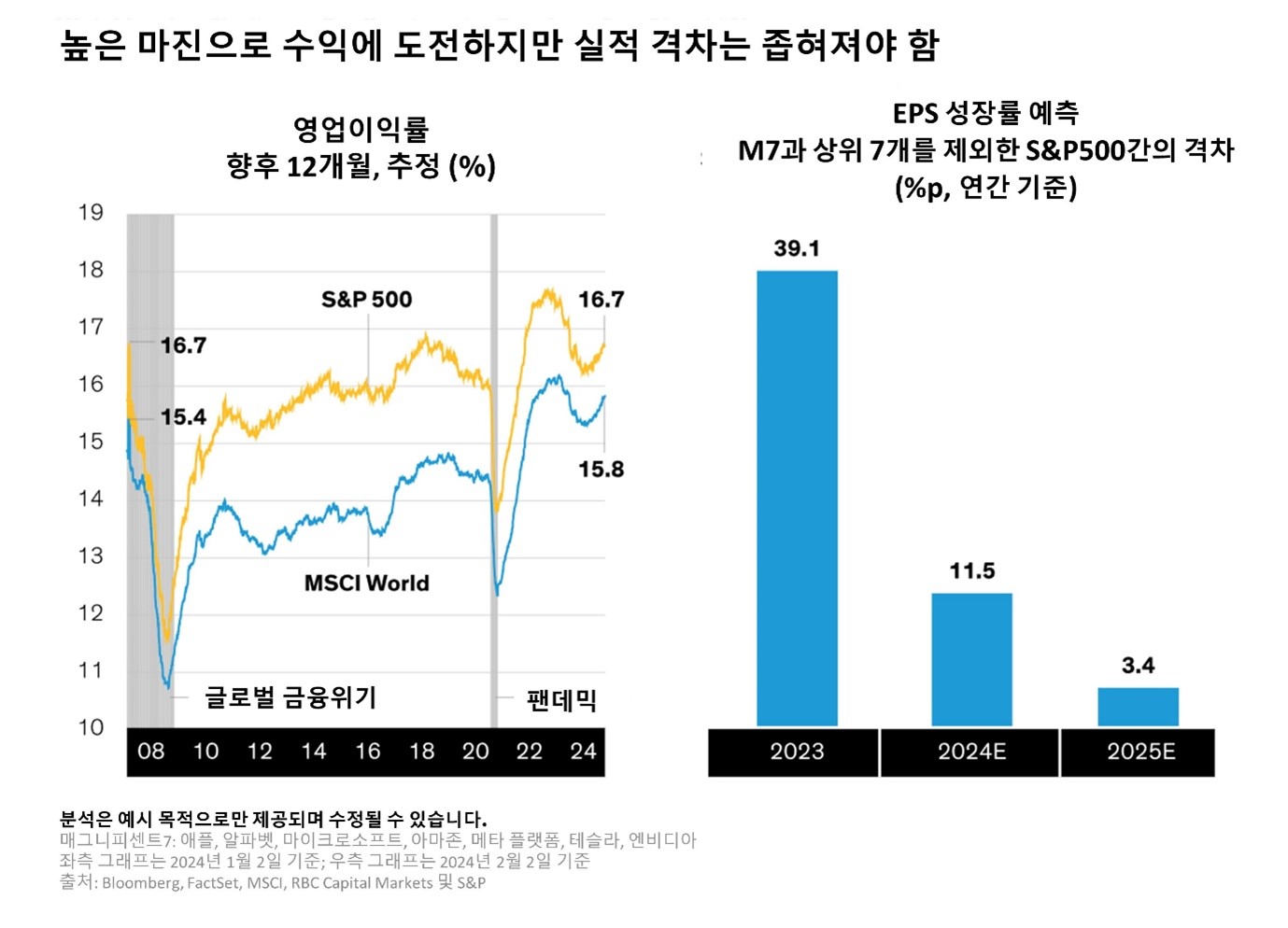 A graph and bar chart comparing S&P 500 and MSCI World profit margins and EPS growth estimates from 2022 to 2025.